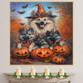 Keeshond Puppies Halloween Canvas Wall Art with Pumpkins and Witch Hats Rustic Fall Farmhouse Decor for Cozy Autumn Homes on Ready to Hang 1.5" Thick Canvas Wrap, Floating Framed Canvas, Flat Rolled Canvas